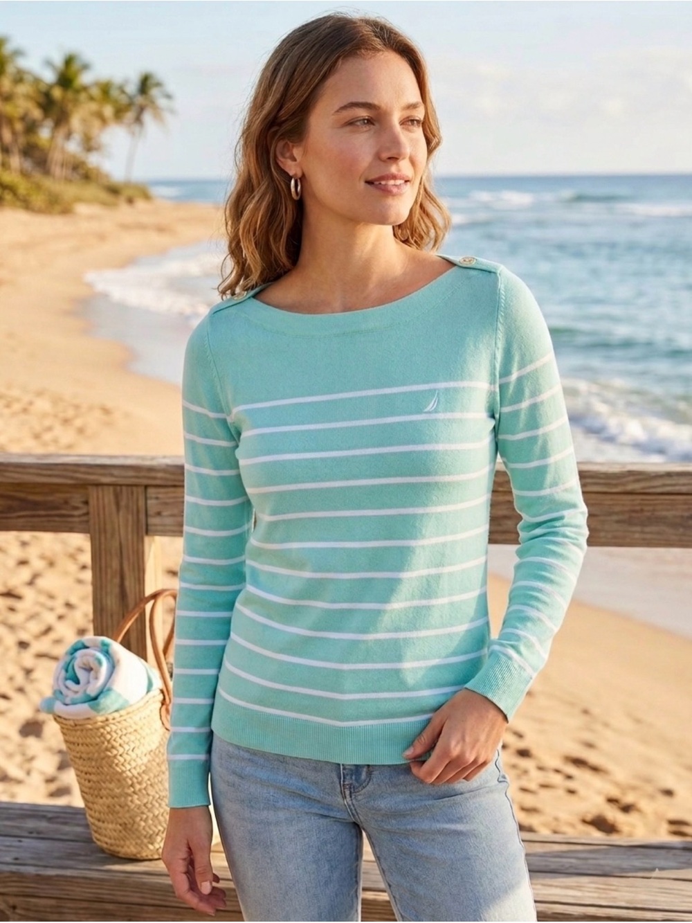 Nautica turquoise/white striped boatneck sweater. Size S. NWT.